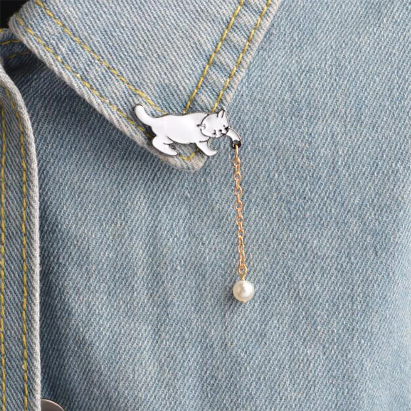 

ShuangShuo New Cute Little White Imitation Pearl Cat Brooch Pins Chic Fashion Jewelry Bijoux Brooch Wholesale Women Accessories