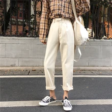 Джинсы Женские однотонные карманы с высокой талией Универсальные Студенты корейский стиль женские прямые Harajuku длинные женские брюки свободные повседневные