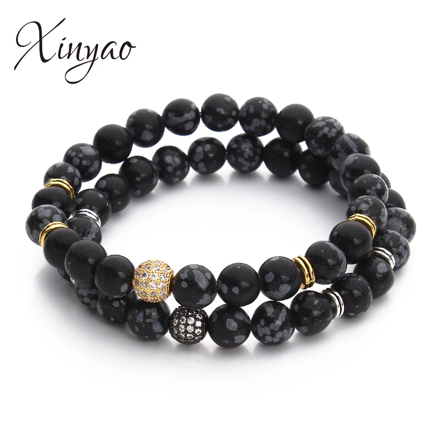 XINYAO 8mm Natural Stone Alabaster Beads Bracelet For Men Black Color