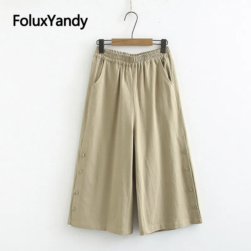 

Washed Linen Pants Summer Style Women Elastic Waist Loose Vintage Plus Size Wide Leg Pants Trousers 3 Colors KKFY3571