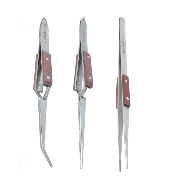 

Pro'sKit 1PK-117T Wooden Handle Stainless Steel Cross-Leg Soldering Tweezer 118T Heavy Duty Tweezer 119T Point Tweezer