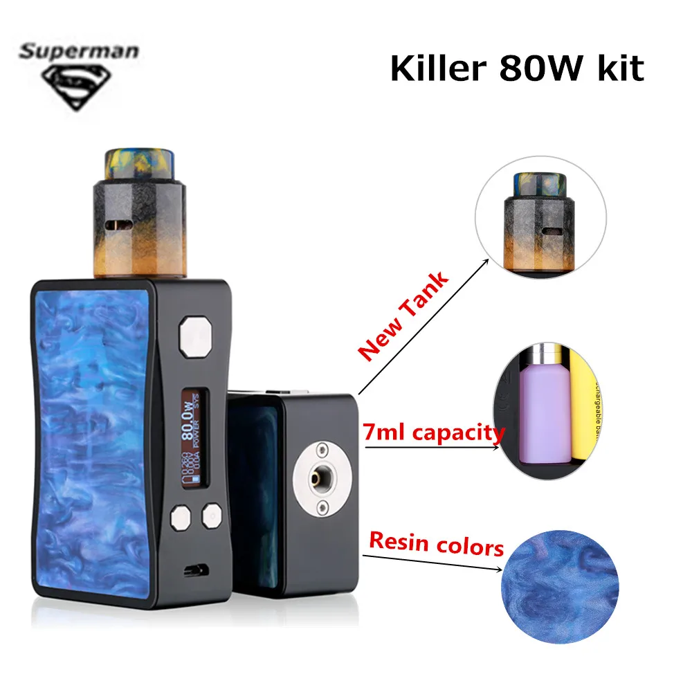 

Killer 80w box mod new RDA kit aluminum alloy & resin colors 7ml capacity Bottle Single 18650 Battery Vape pen Mods vaporizer