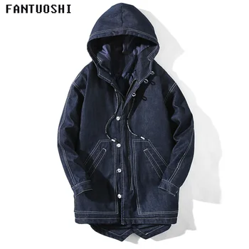 

2018 Brand Fashion Parka winter jacket men Thick warm zipper Jacket hooded long Slim casual solid color large size Denim jacket