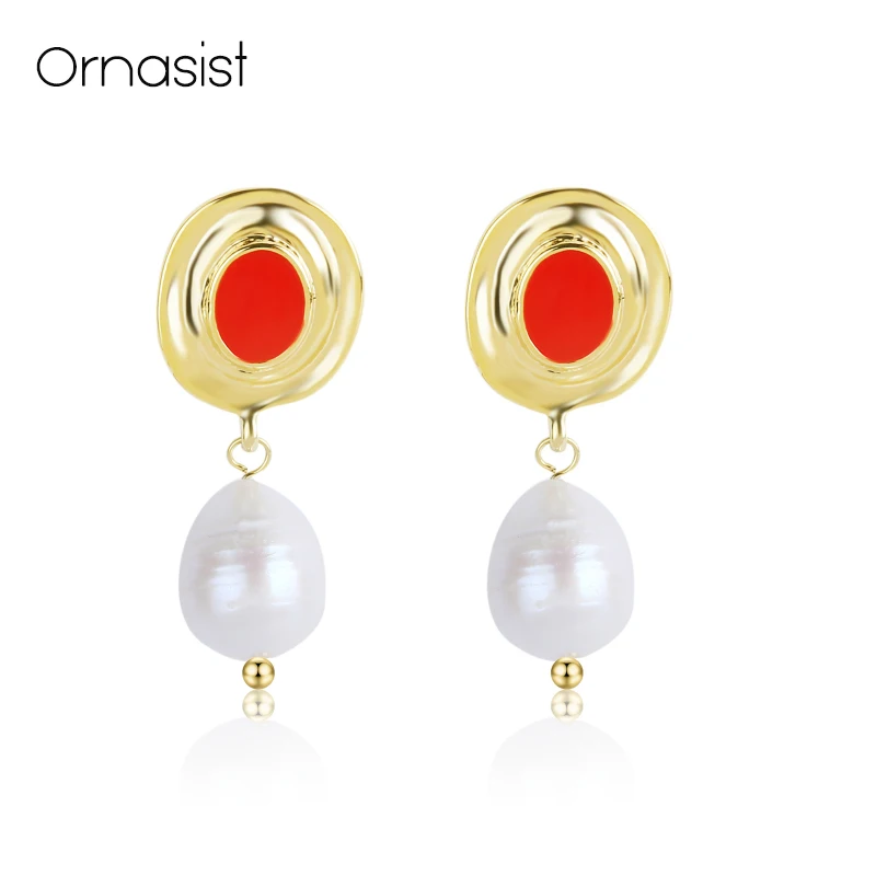 

Baroque Natural Cultured Pearl Stud Earrings Sterling Silver Needle Women Jewelry Metal Gold Color Red Green Enamel Earring