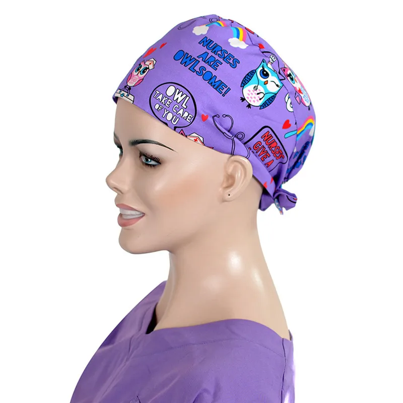 Фиолетовый медицинский чехол, Женская медицинская шляпа с принтом, хирургические скрабы, шапка ручной работы, хлопок, с повязкой, патологи, рабочие шапки - Цвет: owl print cap