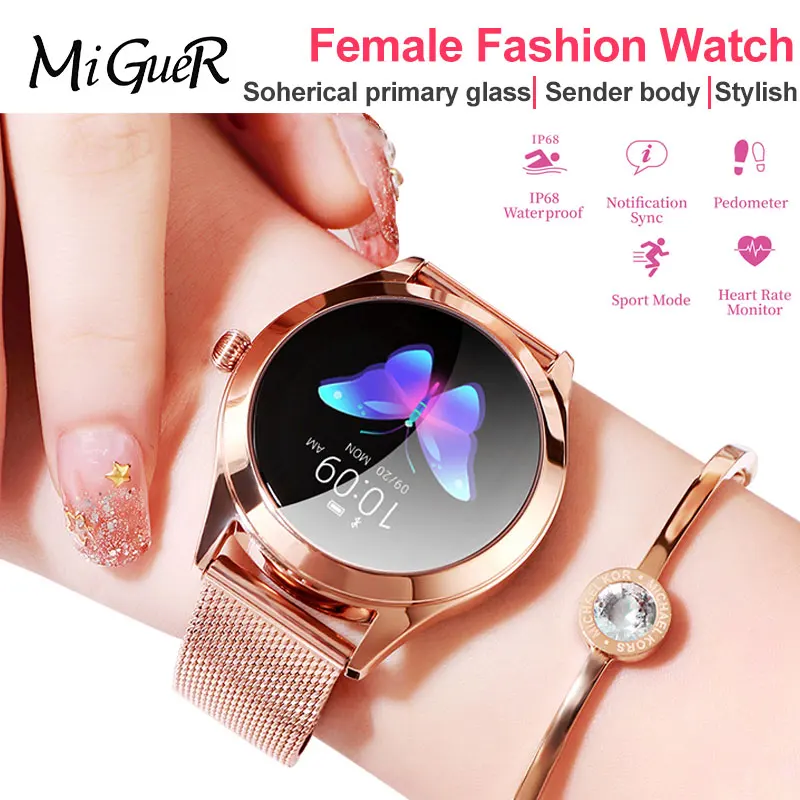 

KW10 Female Fashion Smart Bracelet Watch Sports IP68 Blood Pressure Heart Rate Physiological Cycle Remind Round Dial Lover Gift