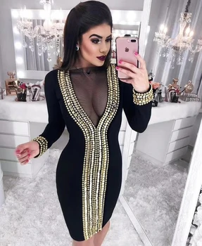 

Robe Femme Autumn Dress 2019 Sexy O-Neck Beading Long Sleeve Dress Vestidos Woman Mini Celebrity Party Dress
