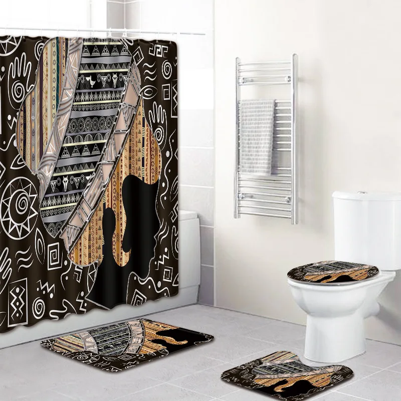 

F 180*180cm African Women Bathroom Shower Curtain Black Men Designed 4 Piece Bathroom Rug Sets Anti-slip Bath Carpet U Bath Mats