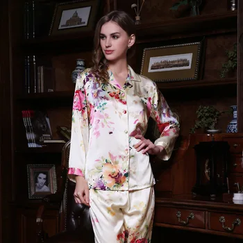 

Brand Women 100% Silk Pajamas Set Female Long Sleeve Pyjama Pants 2 Piece Sets Silk Sleepwear Ladies Pijama Home Clothing