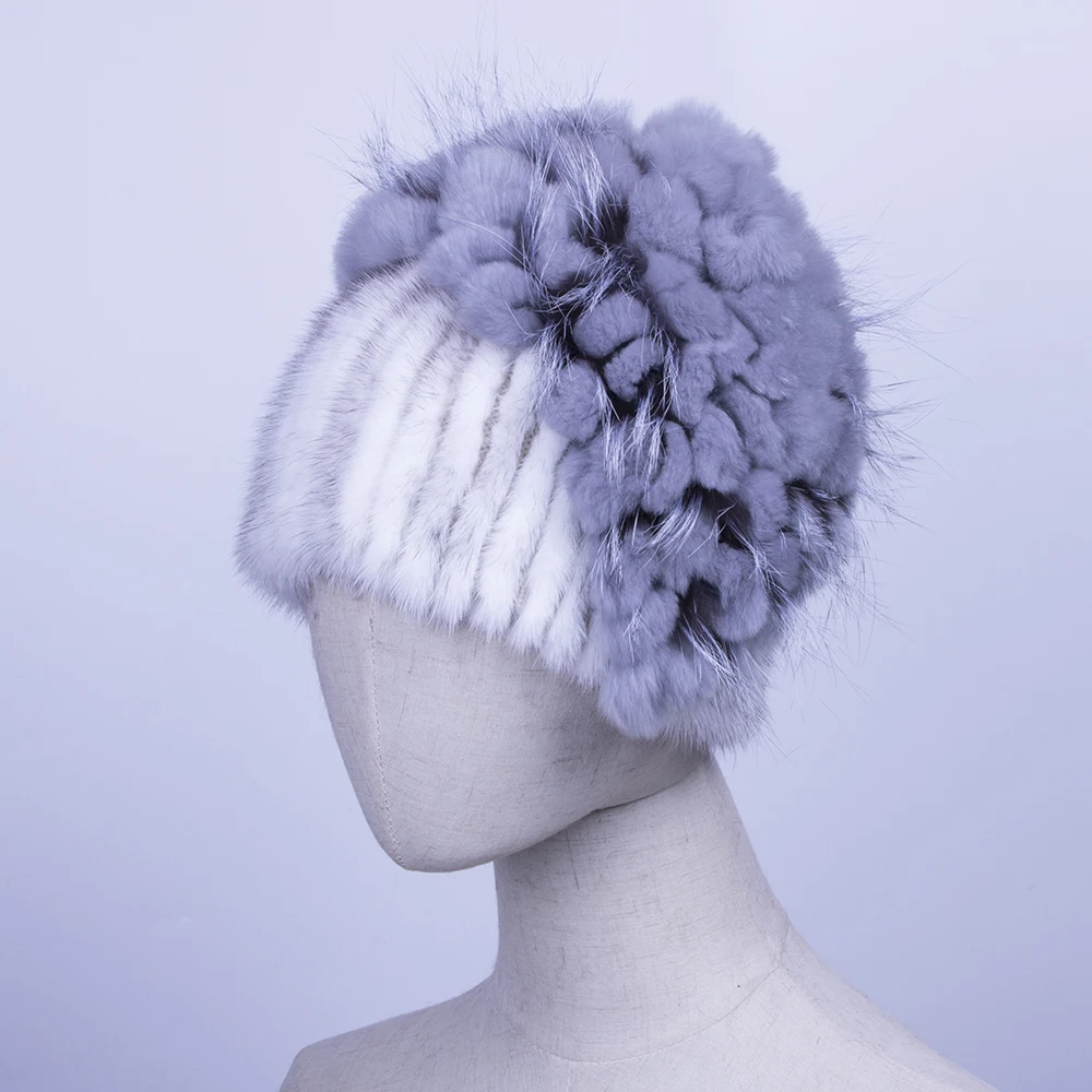 Women's Hats Caps Winter Warm Sew Stripes Real Mink Fur Cap Hat For Women Rex Rabbit Trims Beanies Skullies Female | Аксессуары для