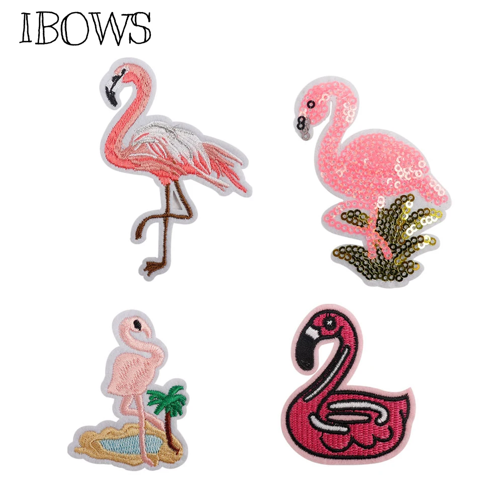 

IBOWS 5pcs Iron on Patches Flamingo Sequin Embroidered Pacthes for Clothes Decoration DIY Appliques Stickers Sewing Patchwork
