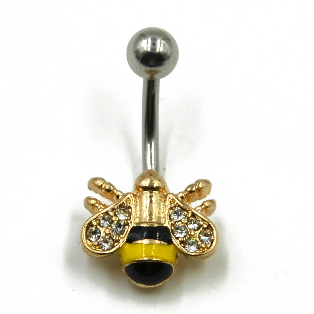 

1Pc Gold Platd Bee Belly Ring Button stainless Steel Navel Piercing Bar with CZ Gem Body Piercing Jewelry 14g