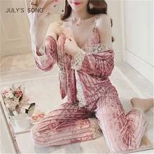 JULY'S SONG Золотой бархатный пижамный комплект Осень Зима теплые женские сексуальные пижамы без рукавов ремень ночное белье длинные брюки Халат