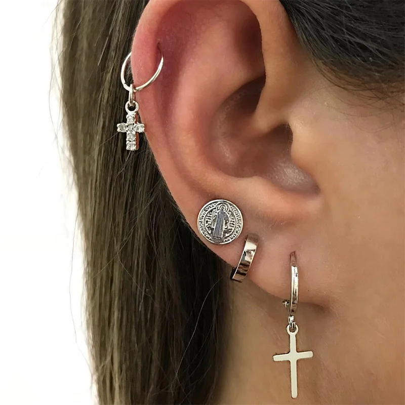 4 Pcs/Set Women Vintage  Cross Virgin Mary Round Crystal Pendant Silver Color Earring Set Personality Party Jewelry Accessories | Украшения