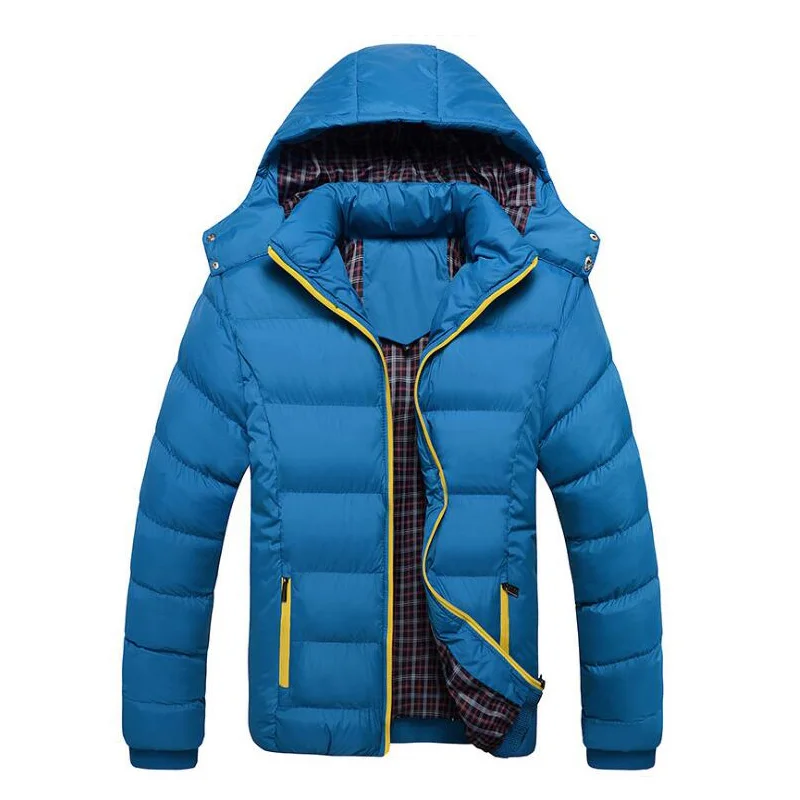 Зимняя модная мужская куртка, верхняя одежда, толстое теплое пальто с капюшоном, парка для мужчин, большой размер, L-4XL, одноцветная повседневная мужская куртка - Цвет: Синий