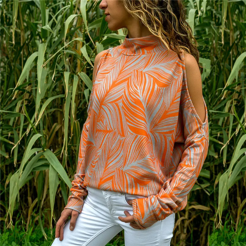 

2019 Autumn winter Retro Casual fashion sexy Women high collar off-the-shoulder long-sleeved geometric print ladies knit tops