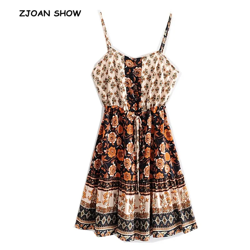

2019 New Bohemian black Floral Print Spaghetti Strap Dress Ethnic Woman Lacing up Adjustable Waist Sling Dresses Beach Vestido