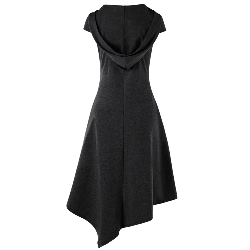 VESTLINDA Asymmetrical Hooded Cut Out Midi Dress Women Dress Summer Hooded Short Sleeves Solid Colors Dresses Vestido De Festa 10