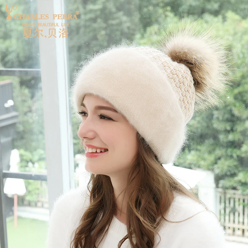 Charles Perra, женская шапка, Корейская версия, модная, теплая, кроличья шерсть, вязаные шапки, элегантные, женские, зимние шапки 3224