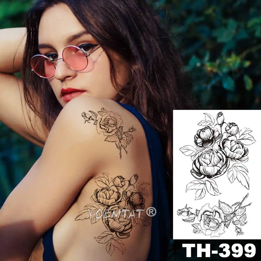 Leaf Rose Peony Lace Flower Waterproof Temporary Tattoo Sticker Black Big Tatto Body Art Shoulder Fake Tatoo For Women - Цвет: 13-TH399