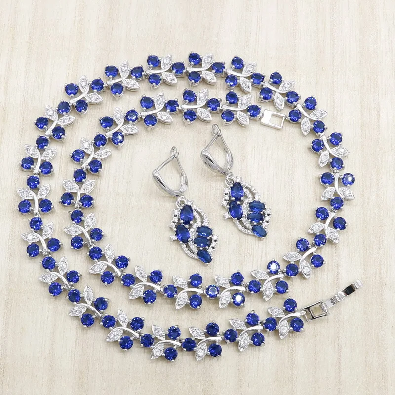 Королевский синий кристалл для женщин 925 пробы серебряные Ювелирные наборы Свадебные серьги ожерелье Подарочная коробка