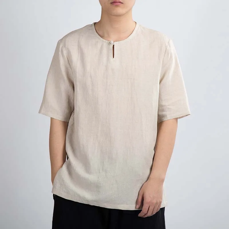 

MRDONOO Summer linen short-sleeved men's Chinese wind button cotton and linen shirt loose thin section casual retro style