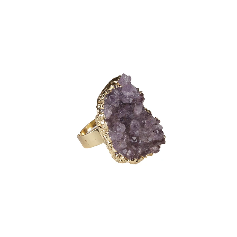 New Design Light Gold Color Metal Alloy Purple Natural Druzy Stone Jewelry Rings for Women Anniversary/Party Gift | Украшения и