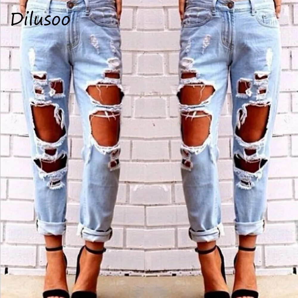 

Dilusoo Large Holes Jeans Pants Women Casual Denim Pants Ripped Europe Streetwear Jeans 4 Season Woman Trousers Beggar Jeans