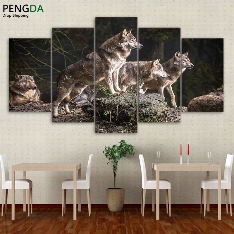 

Canvas Painting Living Room Wall Art Animal Poster Frames Modular HD Printed 5 Pieces Wolf Group Hunting Decor Pictures PENGDA