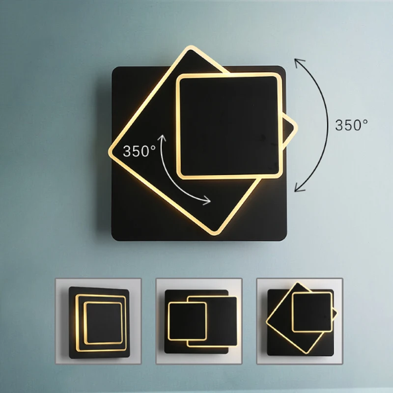

Simple modern creative rotating design square wall lamp sandblasting hardware black acrylic LED lighting staircase decorative