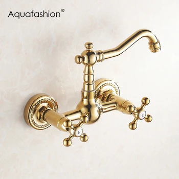 

Golden Basin Faucets Wall Basin Mixer 360 Swivel Spout Hot and Cold Double Handle Mixer Tap
