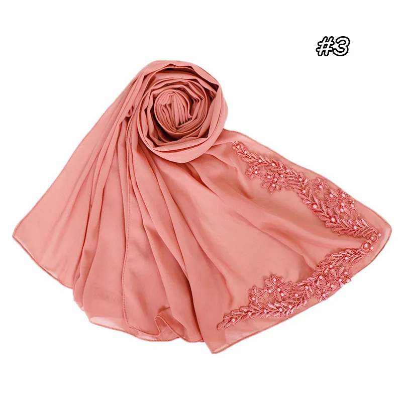 70*180 см шифоновый хиджаб шарф с жемчугом femme musulman длинные шали исламский платок одежда мусульманские хиджабы с вышивкой - Цвет: 3