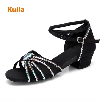 Zapatos de baile latino para niñas y niños, calzado de tacón bajo con diamantes de imitación, 3,5 cm, para bailar Salsa, Tango