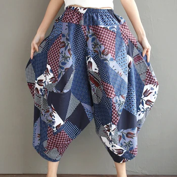 

2017 Autumn Vintage Cotton Linen Bloomers Elastic Waist Comfortably Print Floral wide leg Pants Baggy Drop Crotch Joggers 092608
