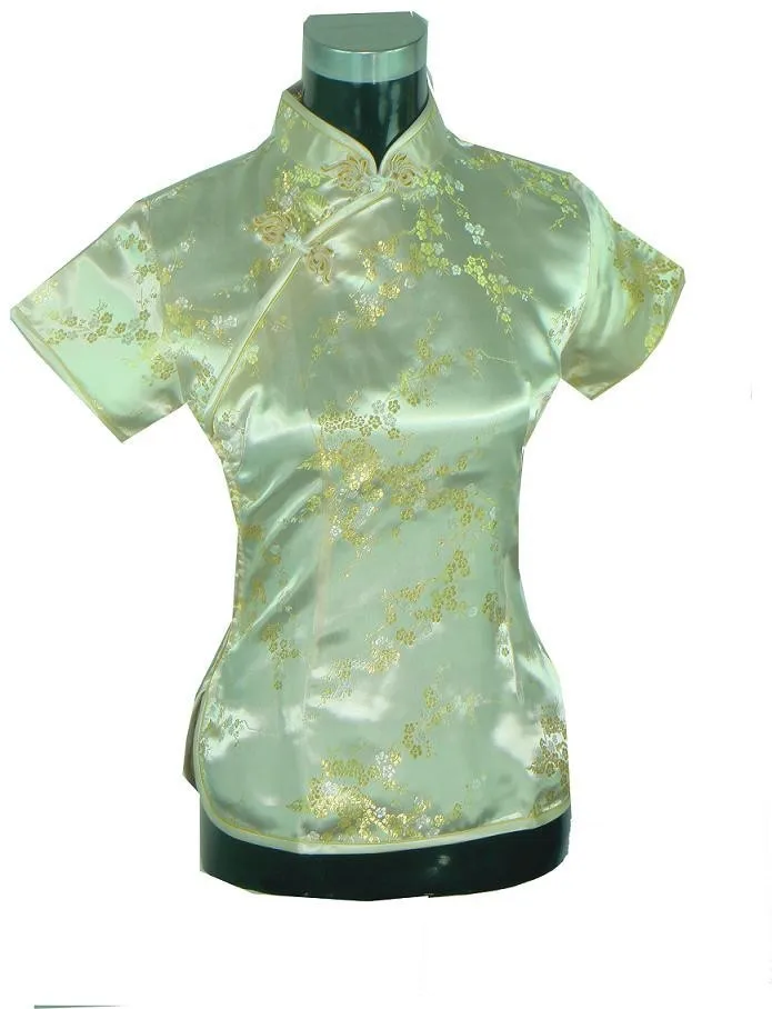 New Fashion Yellow Women s Silk font b Blouse b font Mandarin Collar font b Shirt
