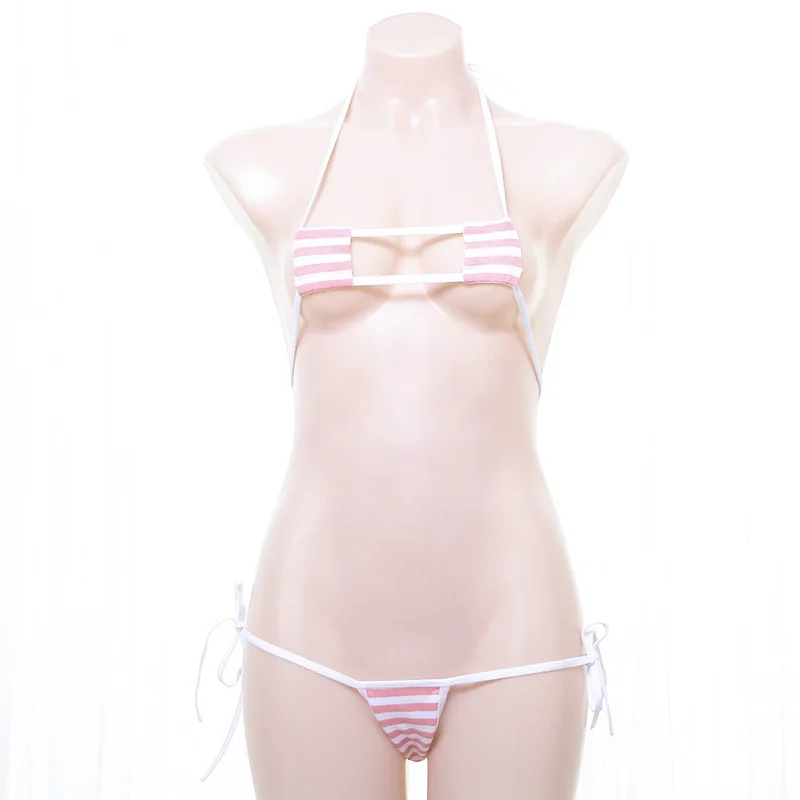 Sexy Lingerie Kawaii White Striped Mini Square Cup Thong Strappy Micro Bikini Set Sex Suit Cosplay Costumes Women Lingerie Set