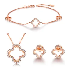 S925 Sterling font b Silver b font Jewelry Set Rose Gold Color Bracelet Clover Necklace Pendant