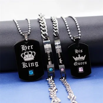 Black Necklaces & Pendants Her King And His Queen Couple Necklace Stainless Steel Pink Blue Crystal Couple Bracelet Necklace Set