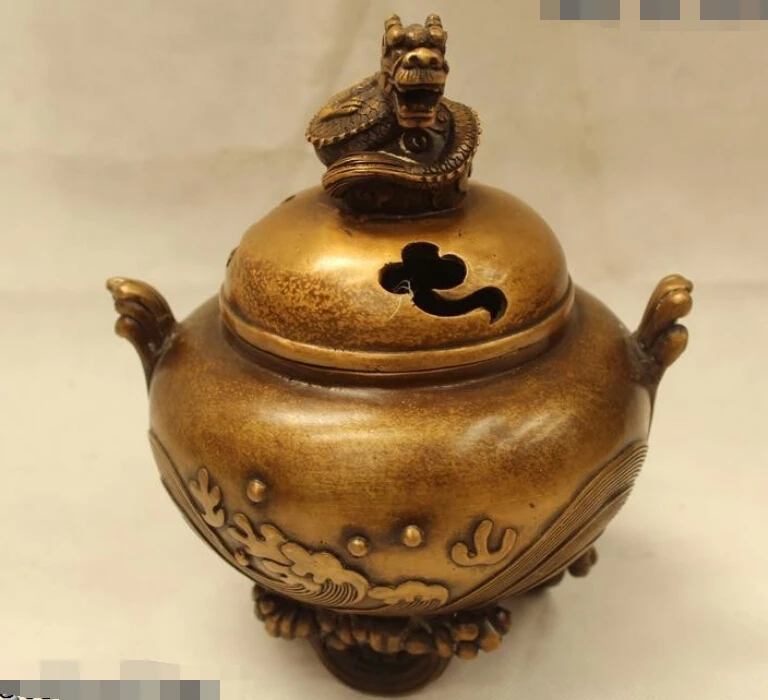 

R0720 Details about 8"Chinese Folk Purple Bronze carving excellent spindrift Dragon incense burner