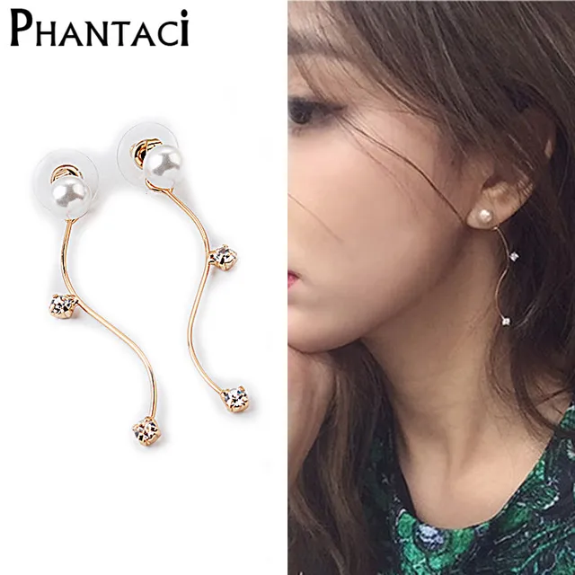 2018 New Arrival Back Pearl Crystal S Shaped Design Long Stud 2018 New Arrival Back Pearl Crystal S Shaped Design Long Stud Earrings For Women Gold Color