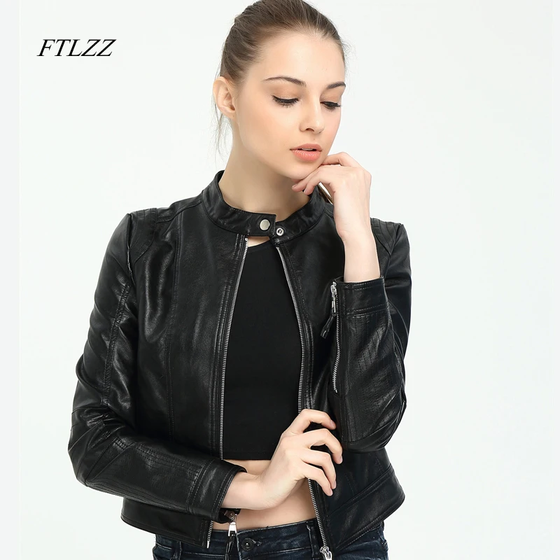 Ftlzz, Женская куртка из искусственной кожи на весну и осень, винтажные куртки на молнии для мотоцикла, облегающие короткие куртки размера плюс, байкерские пальто для женщин