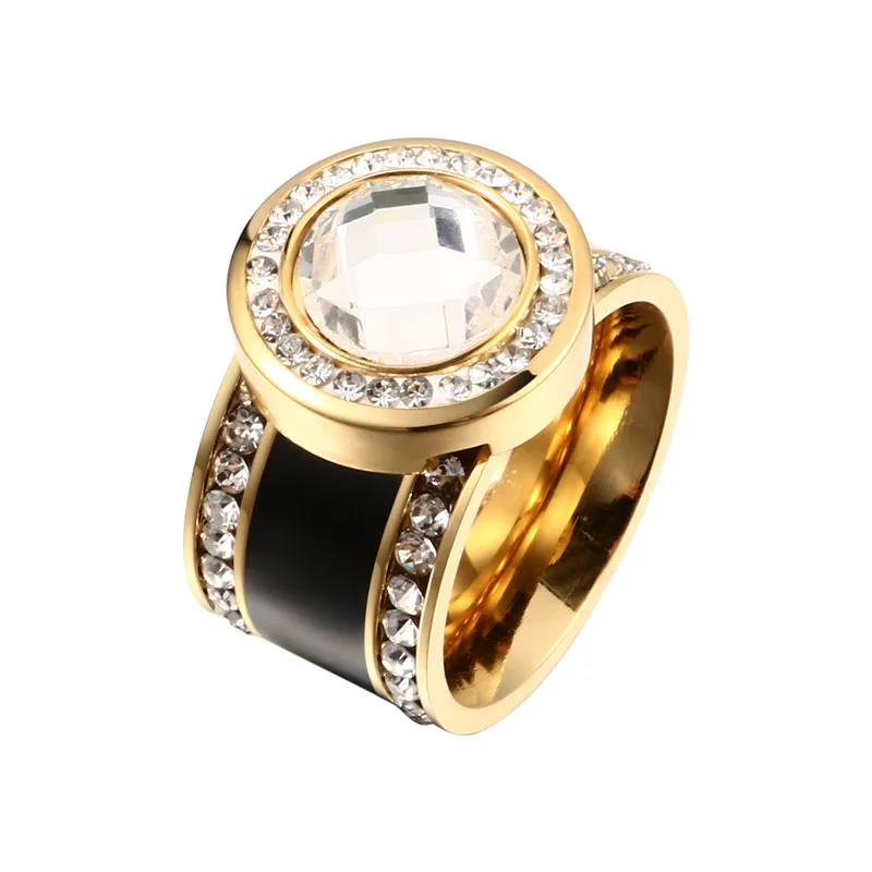 Модные кольца из нержавеющей стали с фианитами золотого цвета, роскошные кольца с кристаллами для женщин, черные кольца для помолвки, обручальные кольца - Цвет основного камня: gold