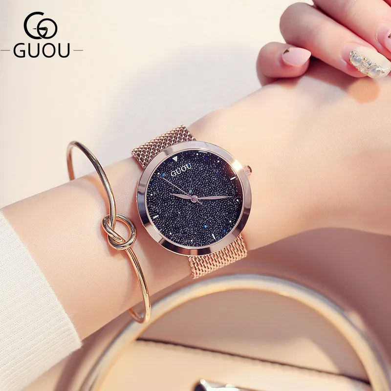 

GUOU Big Face Women Quartz Watch Waterproof Rose Gold Plated Mesh Steel Strap Rhinestone Female Clock Ladies Wristwatches 8178G