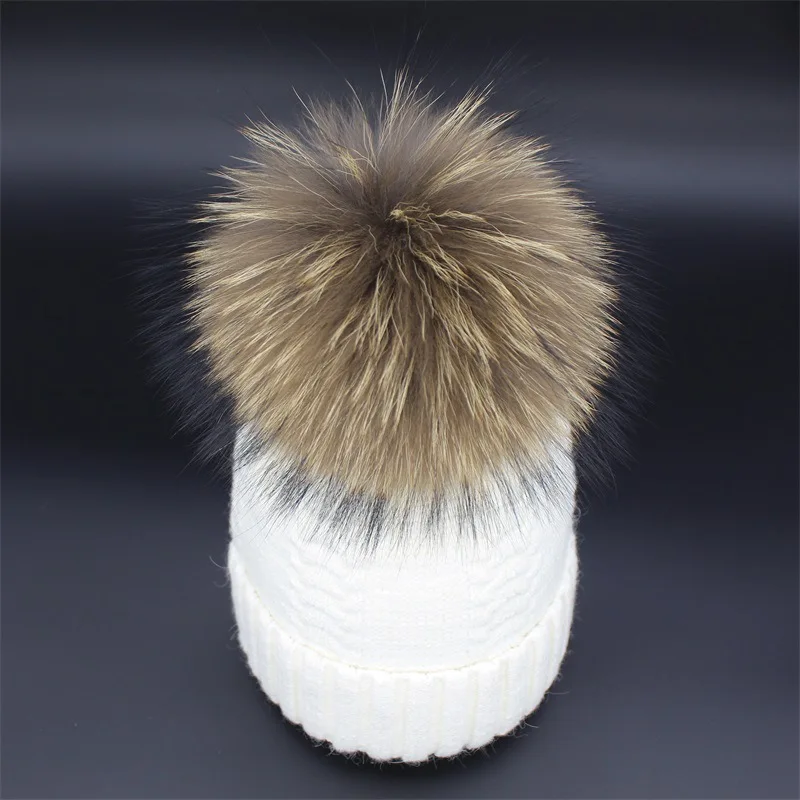 New winter wool knitted hat beanies with real mink fur pom poms Skullies natural raccoon Bobble Fur Pompom Pompon Hat caps