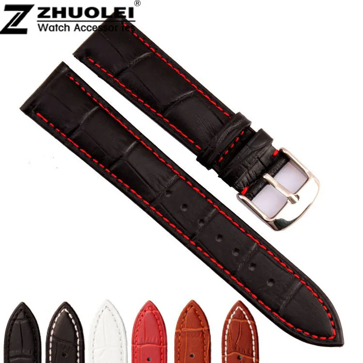 Buy Watch band 22mm Red Stitched Black Genuine Leather