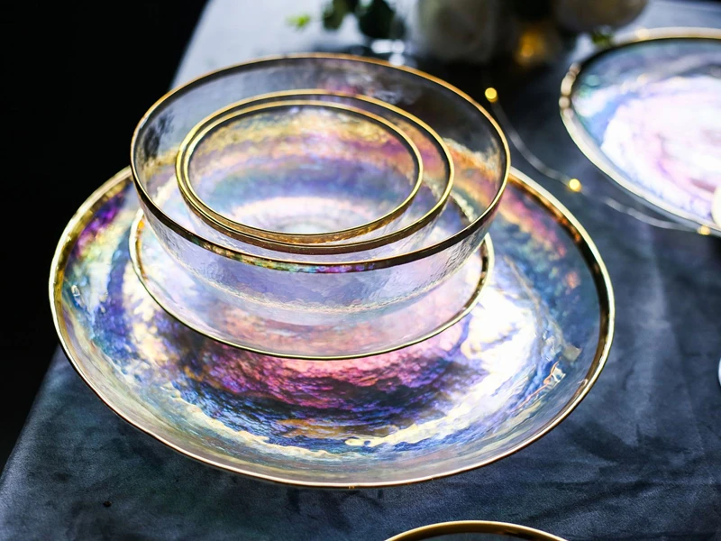 Dazzle Colour Glass Dinnerware Flat Plate Salad Bowl Gold Edge Western Food Tray Steak Snach Dishes Fruit Bowls Container 1pcs