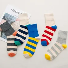 5 пар/лот, цветные хлопковые носки, женские полосатые гольфы, женские повседневные спортивные высокие носки, чулочно-носочные изделия для женщин