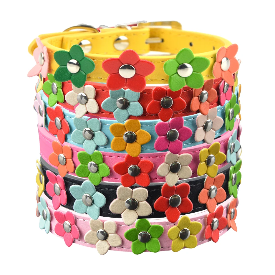 Hot Sale PU Leather Dog Collars One Row Flower Studded Small Dog Medium font b Pet