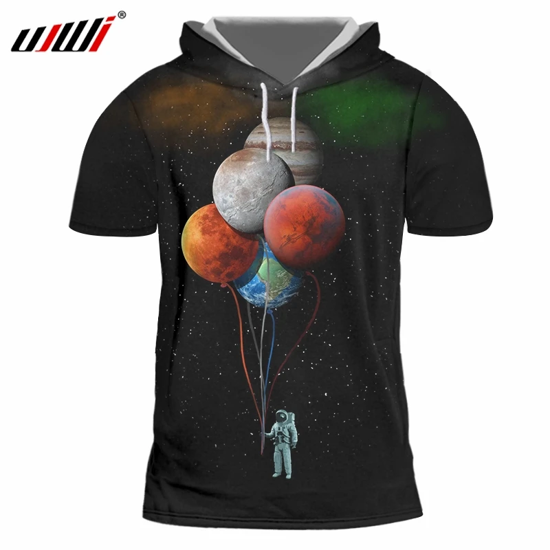 

UJWI 2019 Men's Shirt Astronaut Space Balloon Planet 3D Print Hooded Tshirt Short Sleeve Fashion Casual Tops Plus Size 5XL