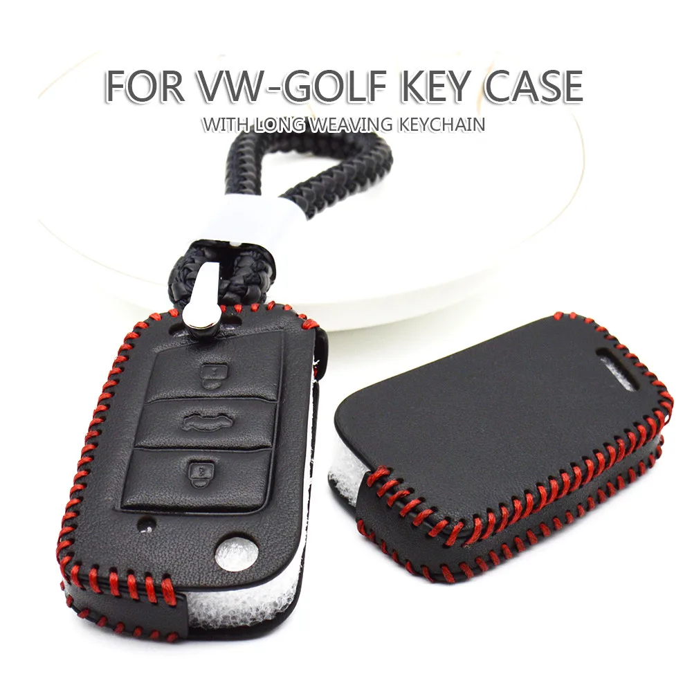 

KUKAKEY For Volkswagen VW Golf 7 GTI R MK7 Tiguan Car Key Case Cover Hand Woven Key Ring Chain Leather Shell Skin Bag